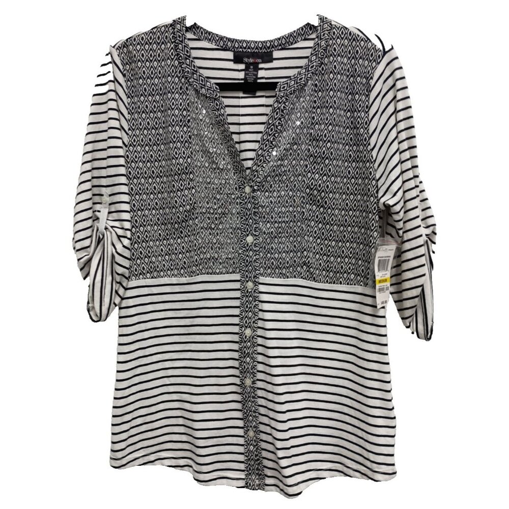 Style & Co Womens Top Medium Deep Black White Striped Sequined Office Carrier